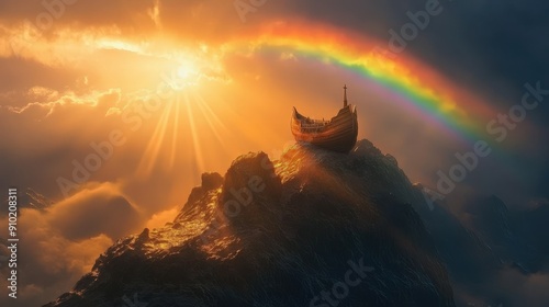 Hopeful Image of a Rainbow Arching Over Noah's Ark on Mountaintop – Symbolic Biblical Scene