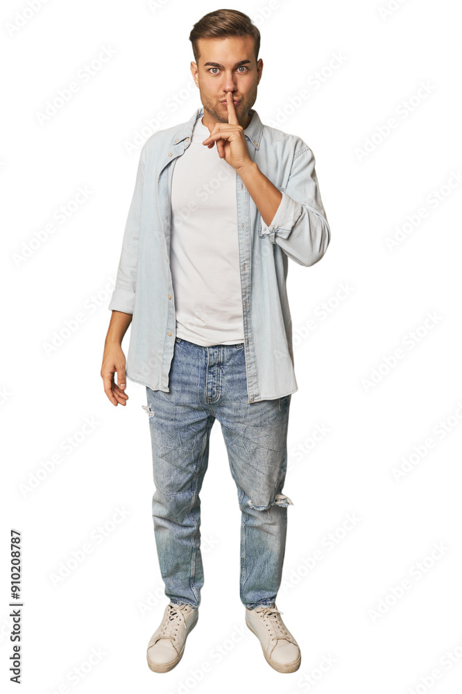 Full body portrait of a man in studio keeping a secret or asking for silence. Full body portrait of a man in studio keeping a secret or asking for silence.