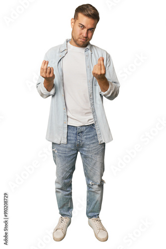 Full body portrait of a man in studio showing that she has no money.