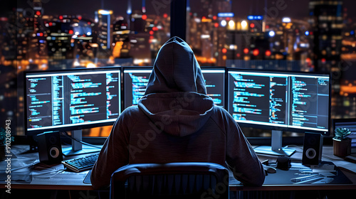 Hooded Hacker Working at Night with City View - Photo photo