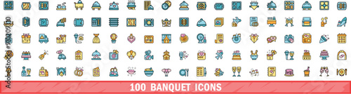 100 banquet icons set. Color line set of banquet vector icons thin line color flat on white