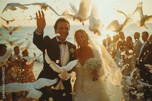 Joyful Newlyweds Celebrate Their Marriage While Releasing Doves at Sunset Beach Ceremony photo