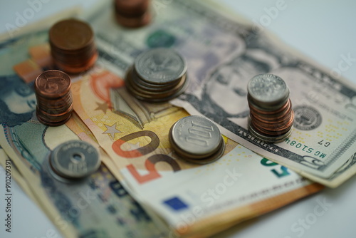 Wallpaper Mural Horizontal photo of various dollar, euro and yen bills and coins of different currencies as a concept of saving and buying foreign currency Torontodigital.ca