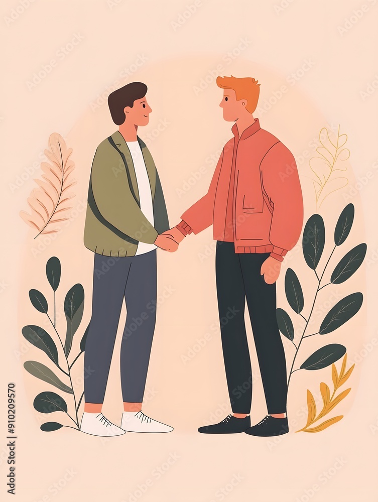 Two men shaking hands, symbolizing partnership, agreement, or friendship. Simple, minimalist style with foliage background. Two men shaking hands, symbolizing partnership, agreement, or friendship. Simple, minimalist style with foliage background.