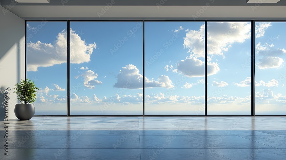 Floor-to-ceiling windows providing a picturesque view of the sky and cloud patterns outside, creating a serene and open environment Floor-to-ceiling windows providing a picturesque view of the sky and cloud patterns outside, creating a serene and open environment