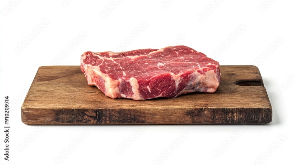 Fresh beef cut displayed on a rectangular wooden chopping board, isolated on a white background, emphasizing the quality of the meat Fresh beef cut displayed on a rectangular wooden chopping board, isolated on a white background, emphasizing the quality of the meat
