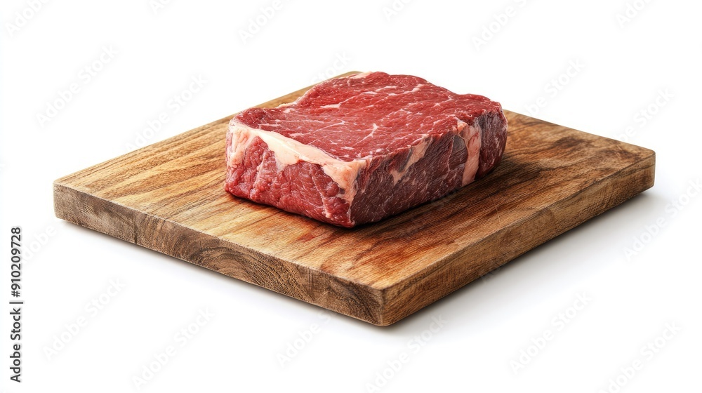 Fresh beef cut displayed on a rectangular wooden chopping board, isolated on a white background, emphasizing the quality of the meat Fresh beef cut displayed on a rectangular wooden chopping board, isolated on a white background, emphasizing the quality of the meat