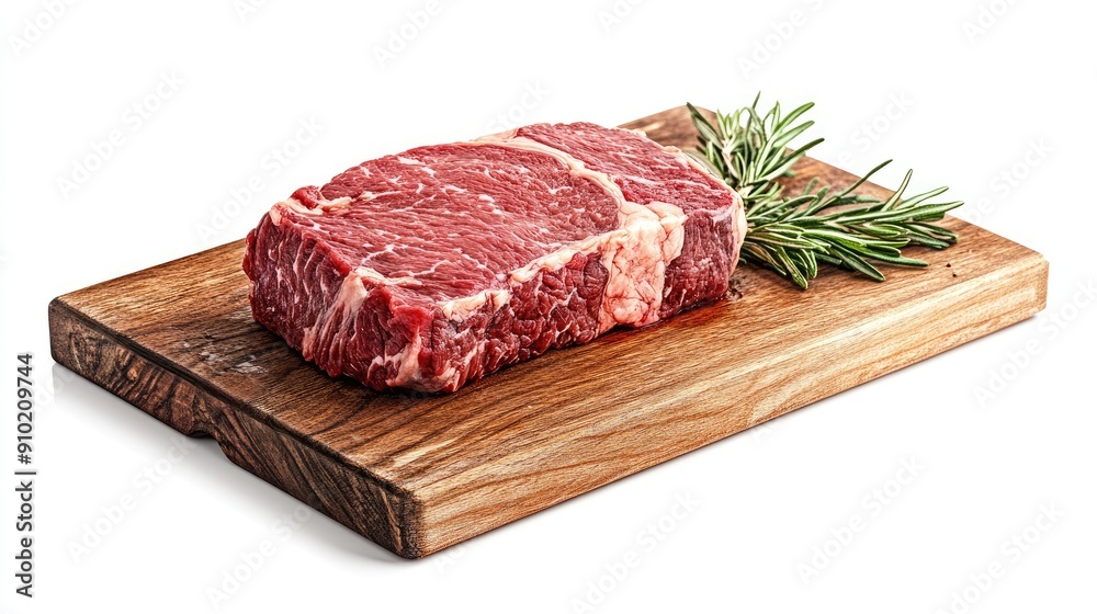 Fresh beef cut displayed on a rectangular wooden chopping board, isolated on a white background, emphasizing the quality of the meat Fresh beef cut displayed on a rectangular wooden chopping board, isolated on a white background, emphasizing the quality of the meat