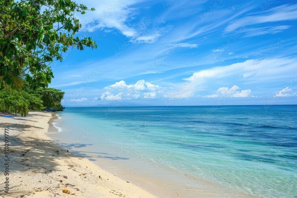 Palm and tropical beach for summer vacation banner with copy space. Blue Sea and white sand with empty place for text Palm and tropical beach for summer vacation banner with copy space. Blue Sea and white sand with empty place for text
