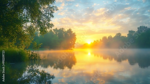 Golden sunrise paints tranquil lake with vibrant hues, mirroring nature's canvas photo