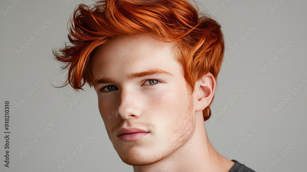 Handsome young man with vibrant red hair in a close-up shot, posing against a neutral grey studio background Handsome young man with vibrant red hair in a close-up shot, posing against a neutral grey studio background