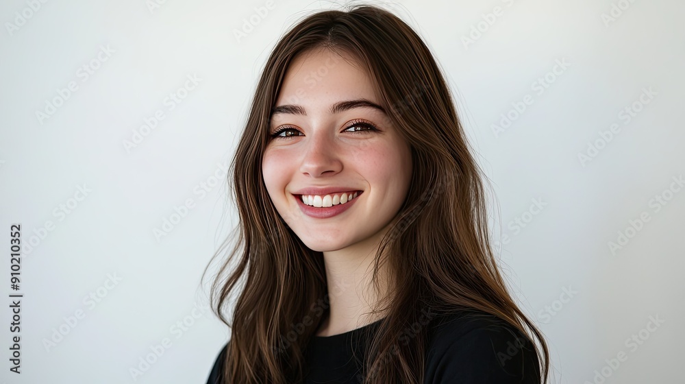 Head and shoulders portrait of a young woman with a charismatic smile and long brown hair, showcasing her charm on a white background Head and shoulders portrait of a young woman with a charismatic smile and long brown hair, showcasing her charm on a white background