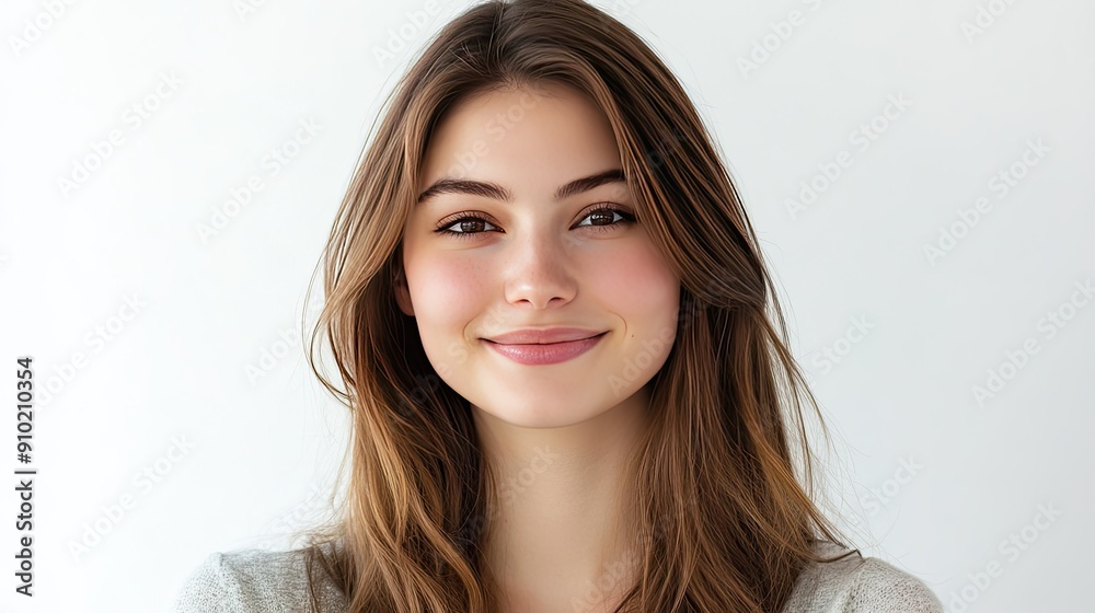 Head and shoulders portrait of a young woman with a charismatic smile and long brown hair, showcasing her charm on a white background Head and shoulders portrait of a young woman with a charismatic smile and long brown hair, showcasing her charm on a white background