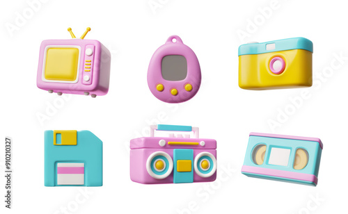 Vintage multimedia from 90s 3D plastic style icons vector set, retro entertainment devices, Tamagotchi, cassette player