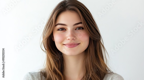 Head and shoulders portrait of a young woman with a charismatic smile and long brown hair, showcasing her charm on a white background