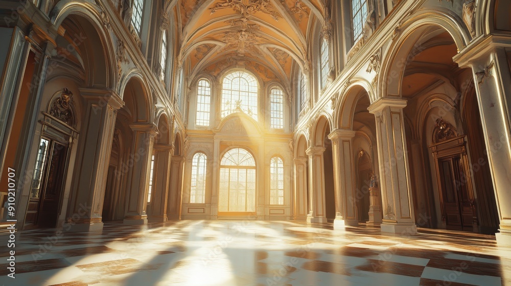 Sunlight Streaming Through Stained Glass in a Grand Marble Hall – Majestic and Serene Interior Sunlight Streaming Through Stained Glass in a Grand Marble Hall – Majestic and Serene Interior