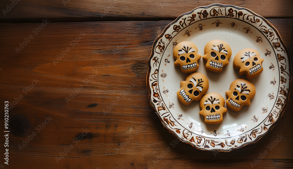 Cookies on a plate in the shape of a skull. Day of the Dead. Halloween Cookies on a plate in the shape of a skull. Day of the Dead. Halloween