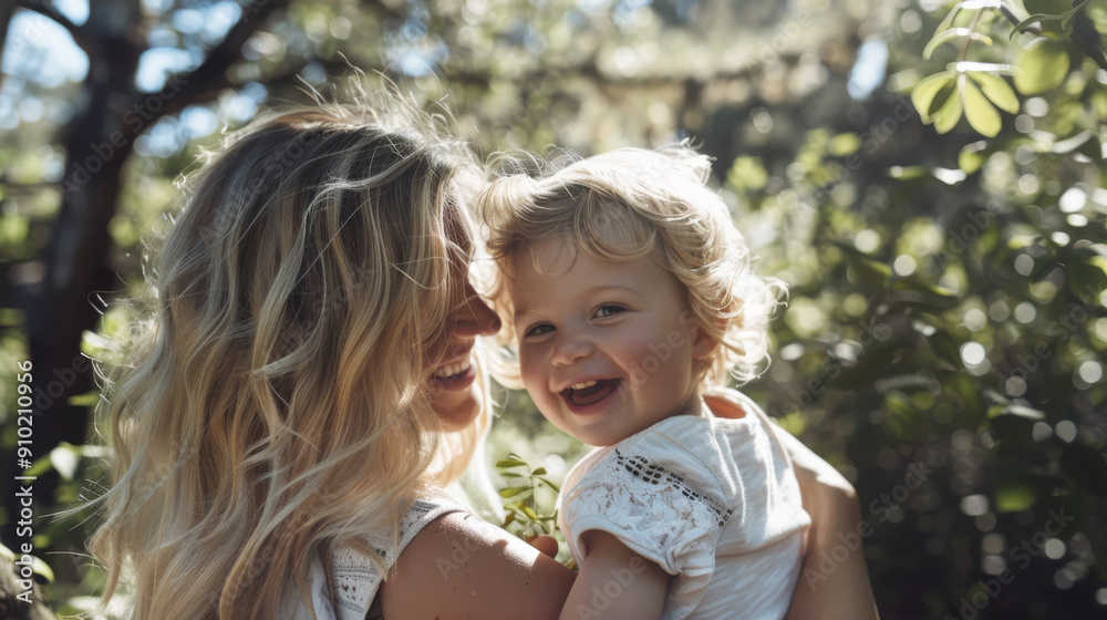 A delighted mother cuddles her young child in a sunlit garden, radiating warmth and affection in a moment of pure joy. A delighted mother cuddles her young child in a sunlit garden, radiating warmth and affection in a moment of pure joy.
