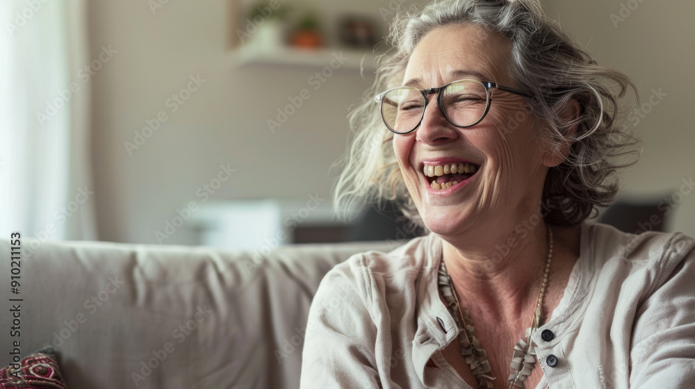 An elderly woman with short grey hair and glasses laughs heartily, capturing a moment of pure joy in a cozy indoor setting. An elderly woman with short grey hair and glasses laughs heartily, capturing a moment of pure joy in a cozy indoor setting.