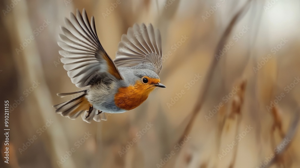 Macro shot of a robin in flight, capturing the motion and detail of its wings and colorful breast Macro shot of a robin in flight, capturing the motion and detail of its wings and colorful breast