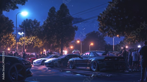 Enthusiasts admire a lineup of performance cars under city lights at night, creating an energetic atmosphere filled with excitement.