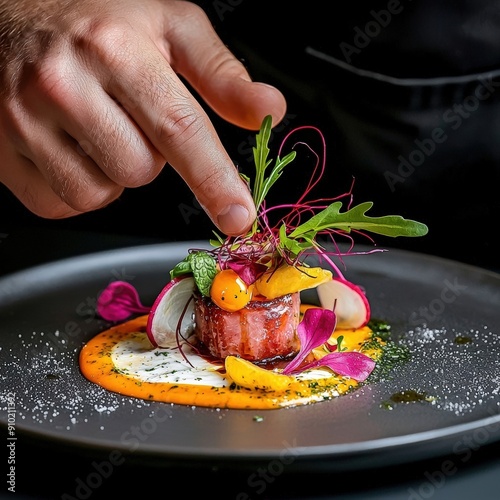 A chef delicately garnishing a gourmet dish, showcasing vibrant colors and artistic presentation on a sleek black plate. photo