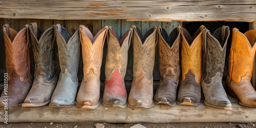 A row of old cowboy western boots standing on a wooden shoe stand.