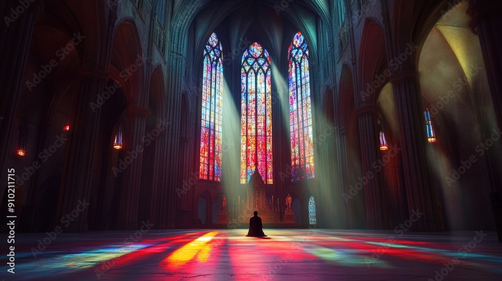 Shafts of Sunlight Through Stained Glass in a Towering Ancient Cathedral – Majestic and Sacred Interior Shafts of Sunlight Through Stained Glass in a Towering Ancient Cathedral – Majestic and Sacred Interior