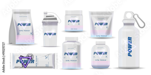 Collection Of Sports Nutrition Products For Athletes And Fitness Enthusiast. Protein Powder, Shaker, Protein Bar