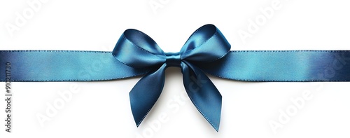 Elegant Blue Ribbon Bow Isolated on White Background, Simple Top View with Wide Angle Shot, Clean Aesthetic Presentation