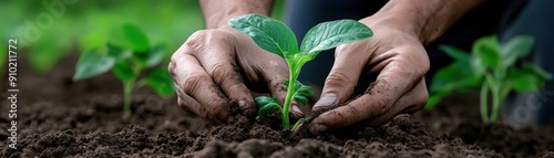 A close-up of hands planting a seedling in rich soil, symbolizing growth, care, and connection to nature. photo