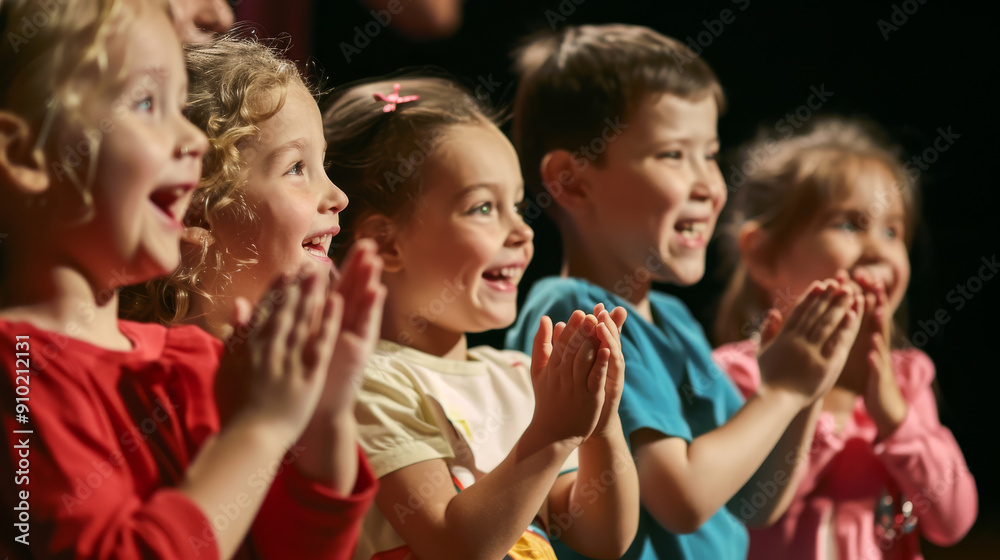 A group of joyous children clapping and smiling, radiating pure happiness and excitement, likely at a performance or event. A group of joyous children clapping and smiling, radiating pure happiness and excitement, likely at a performance or event.