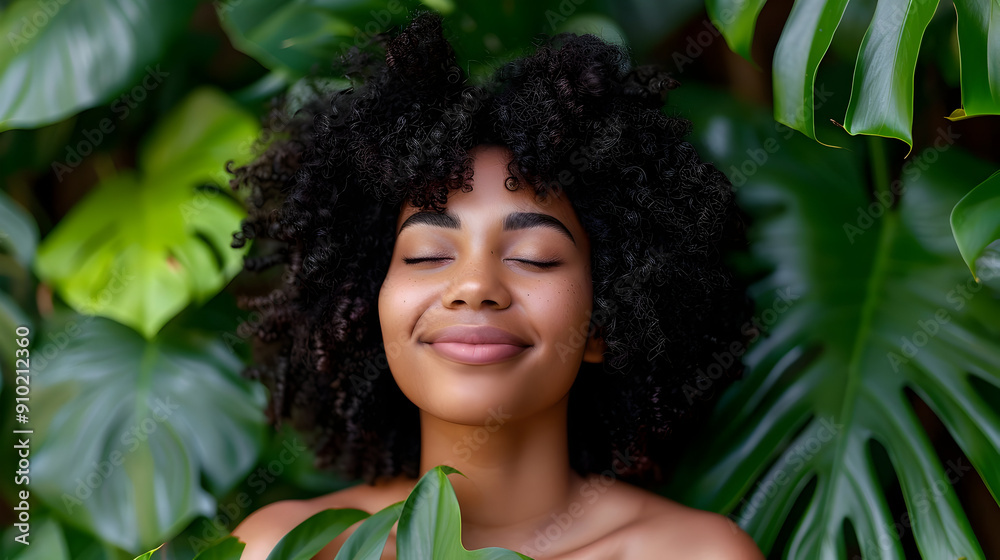Smiling Woman with Curly Hair Surrounded by Lush Greenery - Photo