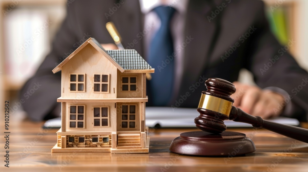 Male judge sitting at desk with gavel and small wooden house model, working with documents, signing contract agreements. divorce property, Real estate law, house foreclosure and bankruptcy concept. Male judge sitting at desk with gavel and small wooden house model, working with documents, signing contract agreements. divorce property, Real estate law, house foreclosure and bankruptcy concept.