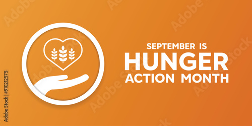 Hunger Action Month. Wheat, hand and heart. Great for cards, banners, posters, social media and more. Orange background.