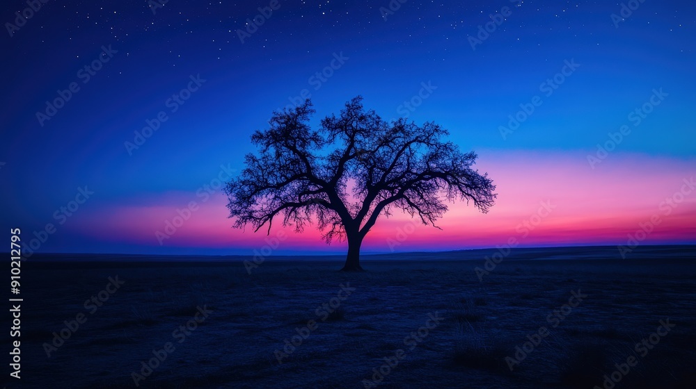 Solitary Tree at Twilight on a Vast Plain – Majestic Lone Tree Under a Starry Sky Solitary Tree at Twilight on a Vast Plain – Majestic Lone Tree Under a Starry Sky