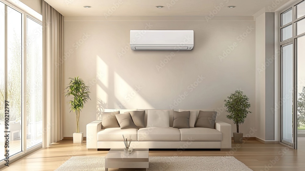 Sleek air conditioner unit in the living room of an apartment, seamlessly fitting into the decor while providing efficient cooling Sleek air conditioner unit in the living room of an apartment, seamlessly fitting into the decor while providing efficient cooling