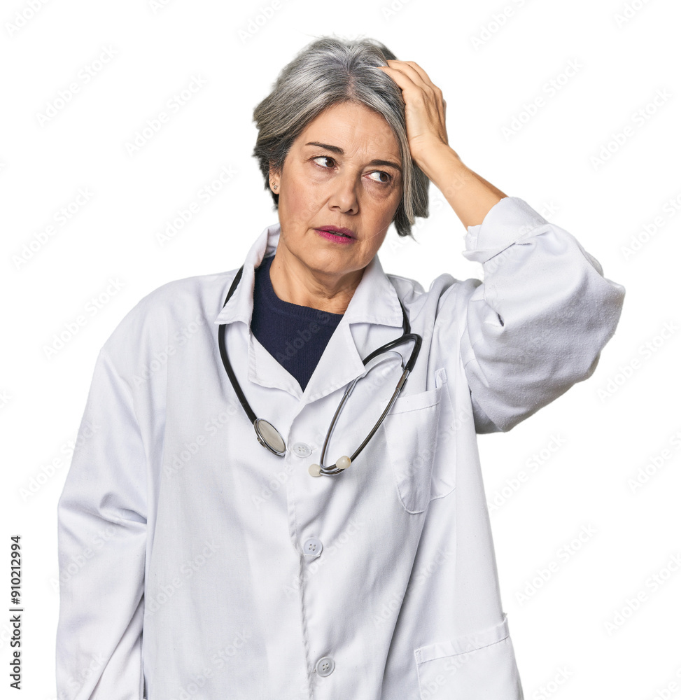 Caucasian mid-age female doctor with stethoscope being shocked, she has remembered important meeting. Caucasian mid-age female doctor with stethoscope being shocked, she has remembered important meeting.