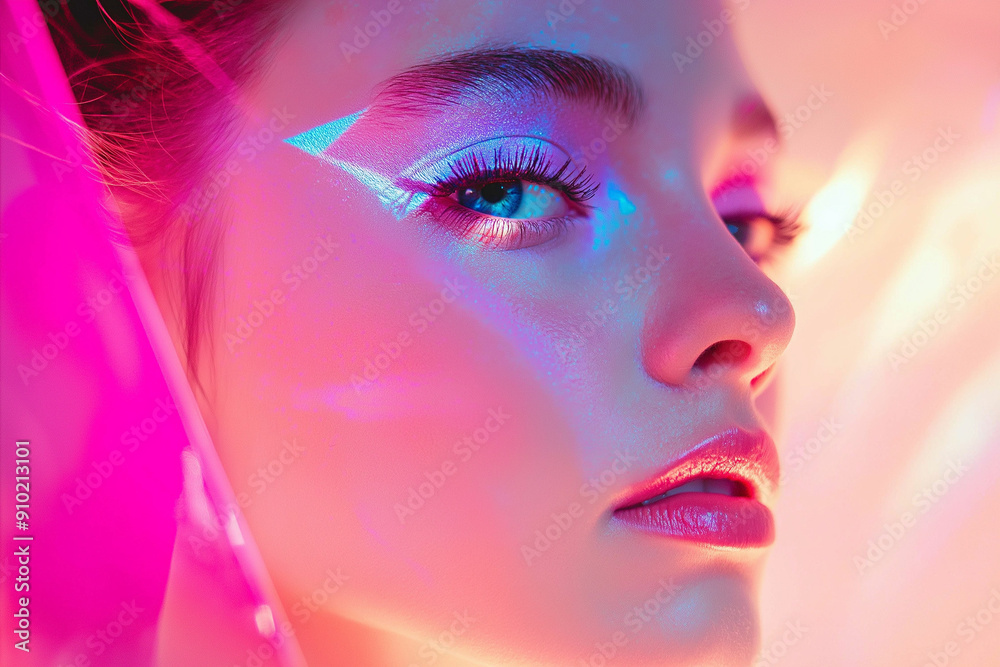 Close-up portrait of a woman with futuristic makeup and vibrant lighting, embodying Y3K style Close-up portrait of a woman with futuristic makeup and vibrant lighting, embodying Y3K style