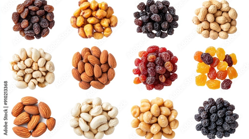 Variety of nuts and dried fruits, such as almonds, hazelnuts, peanuts, cashews, candied fruit, and raisins, isolated on white for packaging Variety of nuts and dried fruits, such as almonds, hazelnuts, peanuts, cashews, candied fruit, and raisins, isolated on white for packaging