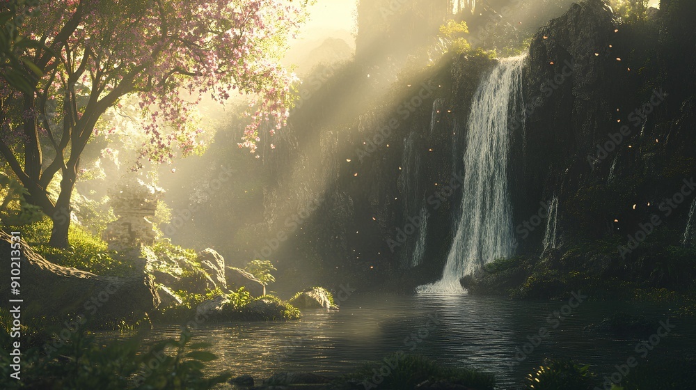 a serene and picturesque scene of a waterfall in a lush, green forest. Sunlight filters through the trees, casting a warm, golden glow over the area a serene and picturesque scene of a waterfall in a lush, green forest. Sunlight filters through the trees, casting a warm, golden glow over the area