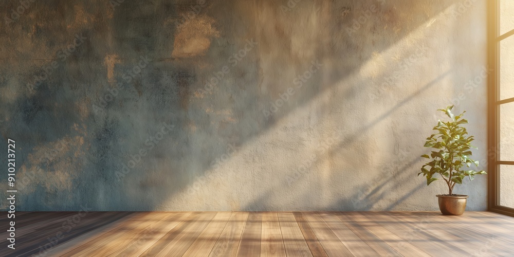 Sunlight streams into an empty room with a potted plant by the window, highlighting its warmth and peaceful atmosphere.