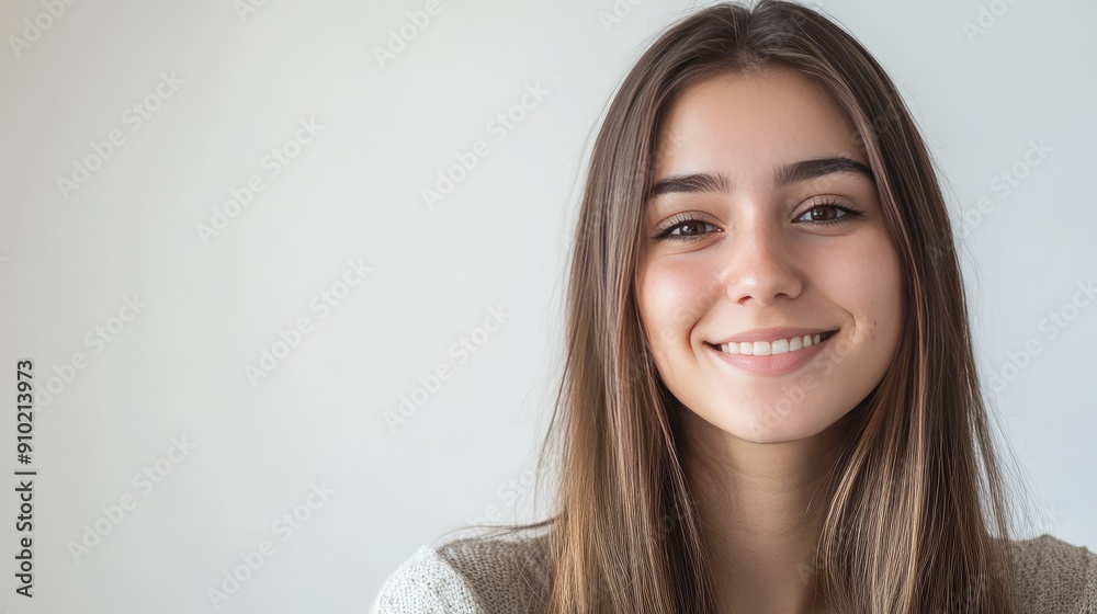 Young woman with a captivating smile and long straight brown hair, head and shoulders portrait on a white background, showcasing her charisma Young woman with a captivating smile and long straight brown hair, head and shoulders portrait on a white background, showcasing her charisma