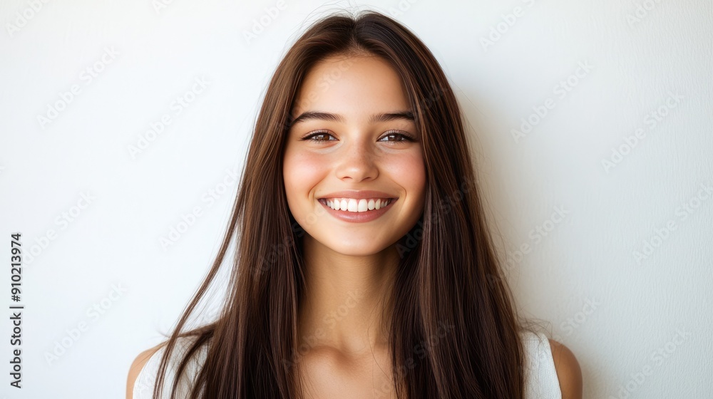 Young woman with a captivating smile and long straight brown hair, head and shoulders portrait on a white background, showcasing her charisma Young woman with a captivating smile and long straight brown hair, head and shoulders portrait on a white background, showcasing her charisma
