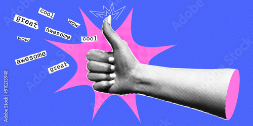 Halftone retro pop collage with thumbs up gesture. Words of approval and praise cut out of a magazine. Cool, wow, awesome, great. Vector contemporary design. 