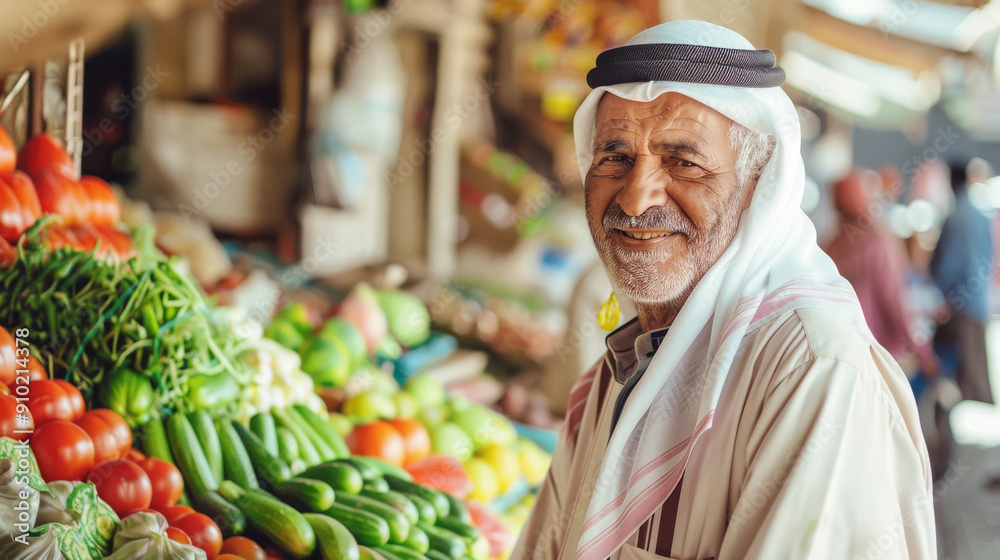 A cheerful vendor in traditional attire stands by an abundant display of fresh produce at a lively market, exuding warmth and hospitality. A cheerful vendor in traditional attire stands by an abundant display of fresh produce at a lively market, exuding warmth and hospitality.