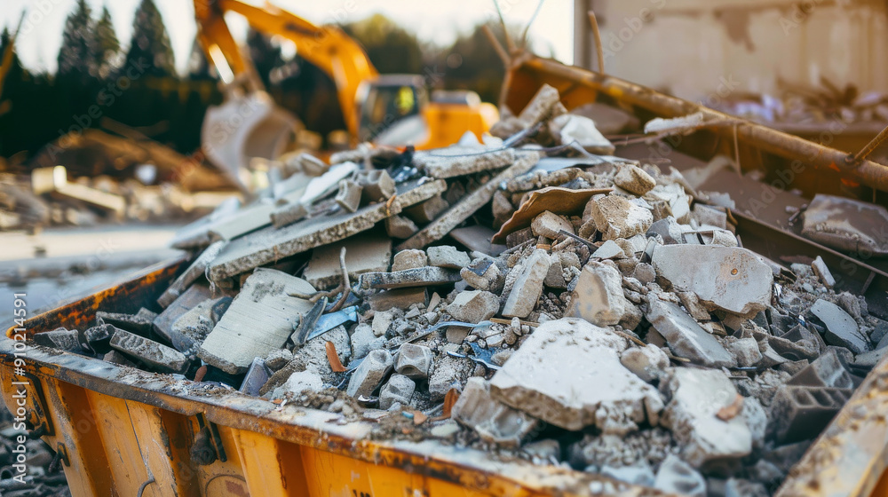 A close-up of a dumpster filled with broken concrete and construction debris, with blurred background of construction equipment and a sunny outdoor setting. A close-up of a dumpster filled with broken concrete and construction debris, with blurred background of construction equipment and a sunny outdoor setting.