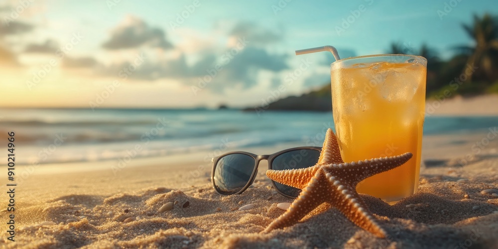 A glass of orange juice and a starfish sit on a sandy beach, offering a unique and quirky scene A glass of orange juice and a starfish sit on a sandy beach, offering a unique and quirky scene