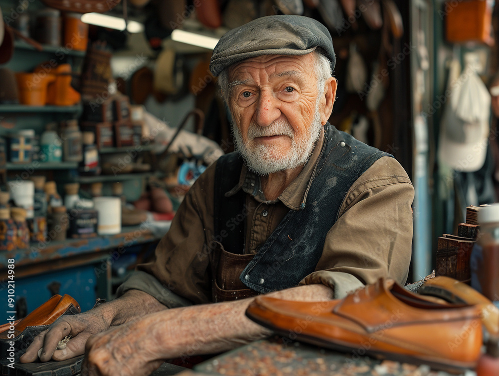 Experienced Cobbler Working Diligently in a Vibrant Workshop Surrounded by Footwear and Tools Experienced Cobbler Working Diligently in a Vibrant Workshop Surrounded by Footwear and Tools