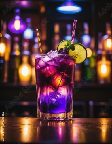Cocktail drink on a wooden table in a bar on a dark background